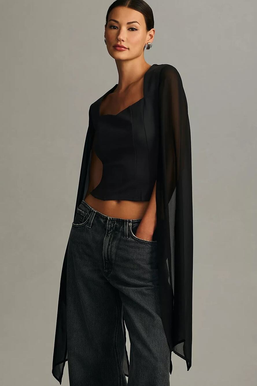 Anthropologie | DOLAN Black Left Coast Long Flair Sheer-Sleeve Top WOMENS SMALL
